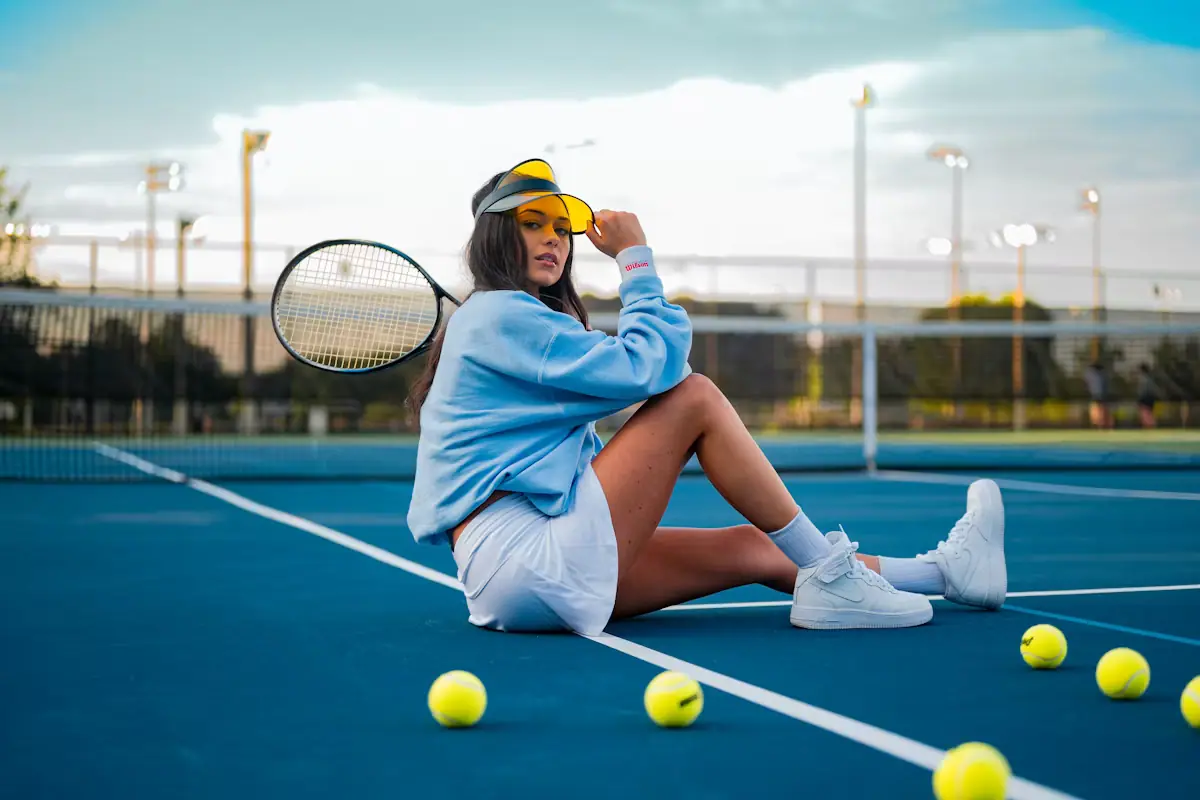 A player resting courtside on a blue hard tennis court with racket and balls