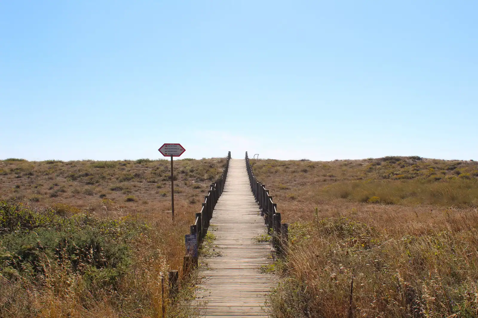 A narrow raised wooden walkway with a signpost running through rough coastal grass